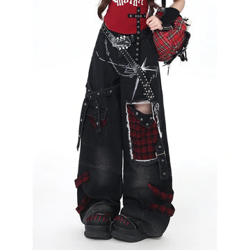 Y2K Punk Plaid Distressed Wide Leg Jeans