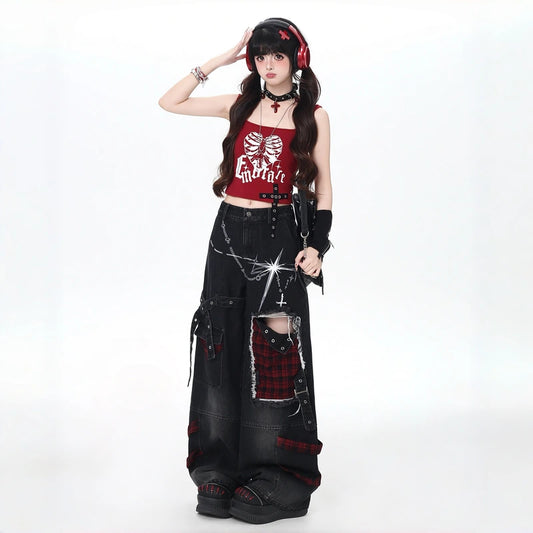 Y2K Punk Plaid Distressed Wide Leg Jeans
