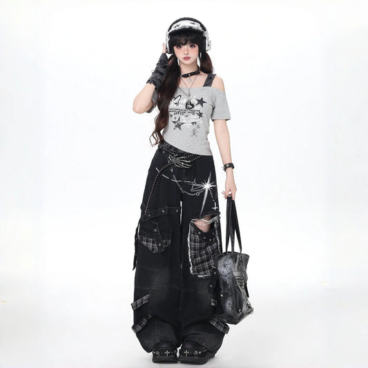 Y2K Star Print Cut-Out Layered Crop Top