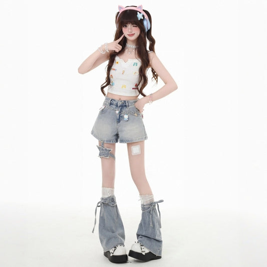 Y2K Style Blue Butterfly Strap Denim Shorts