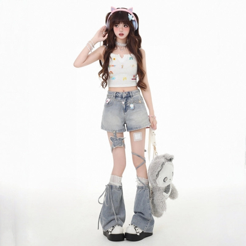 Y2K Style Blue Butterfly Strap Denim Shorts