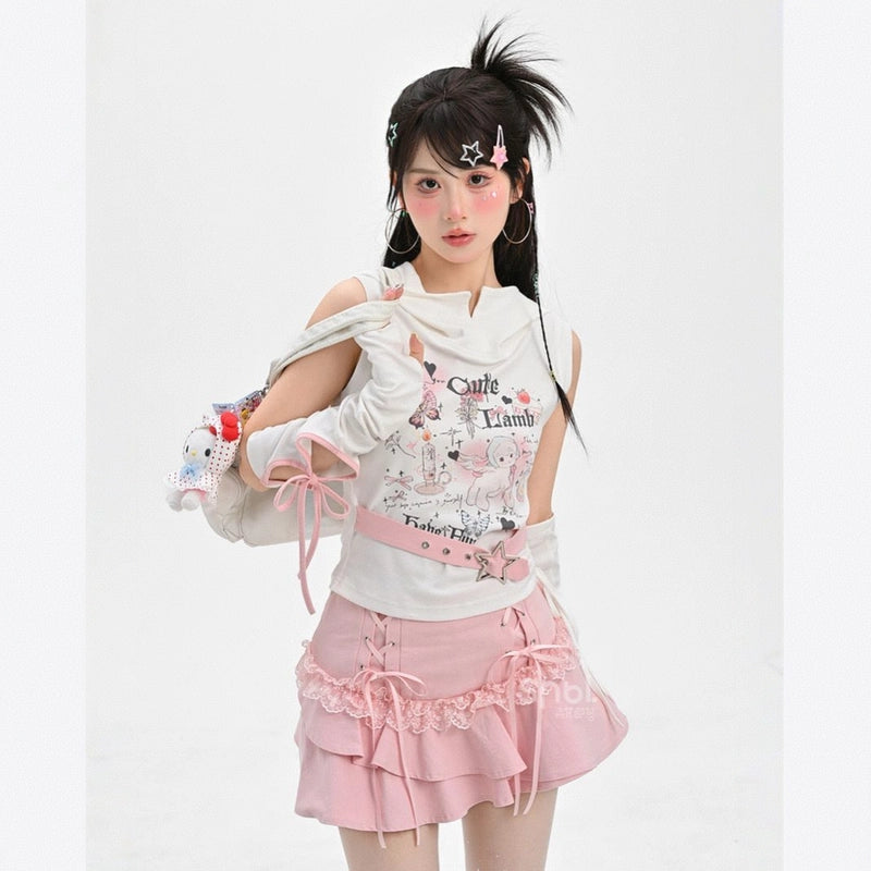 Y2K Style Pink High Waist Cake Skirt
