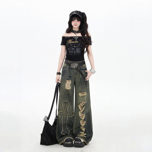 Y2k Style Cross-Pattern Wide-leg Jeans