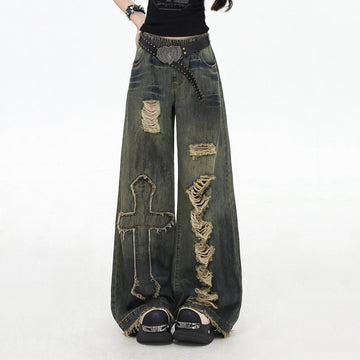 Y2k Style Cross-Pattern Wide-leg Jeans