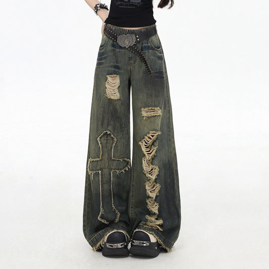 Y2k Style Cross-Pattern Wide-leg Jeans