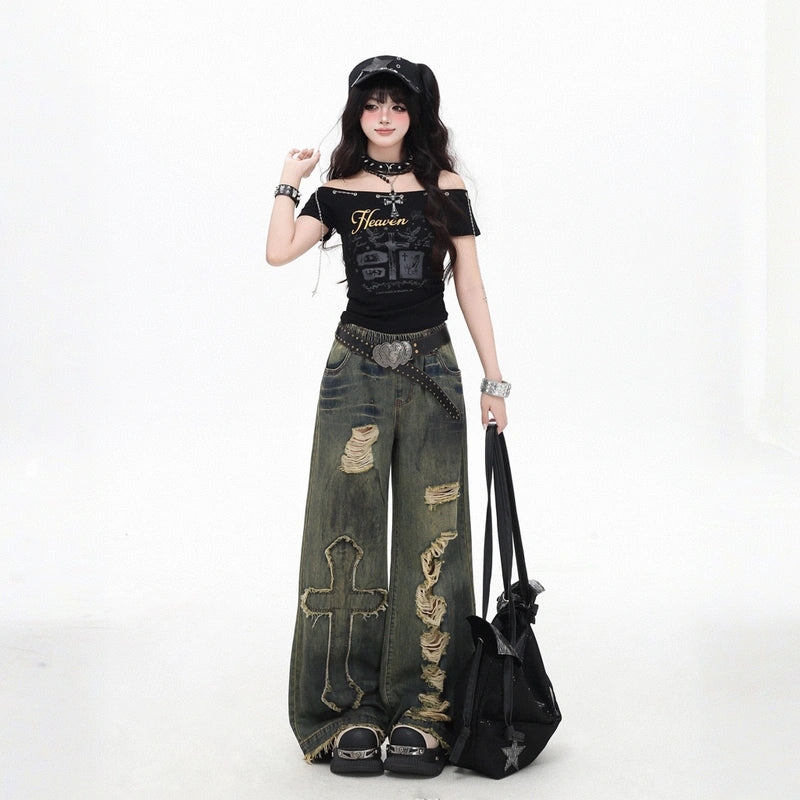 Y2k Style Cross-Pattern Wide-leg Jeans
