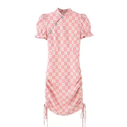 Sweet Style Checkered Bun Cheongsam Dress