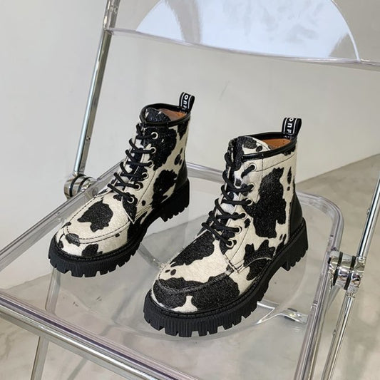 Kawaii Style Cow Print Combat Boots