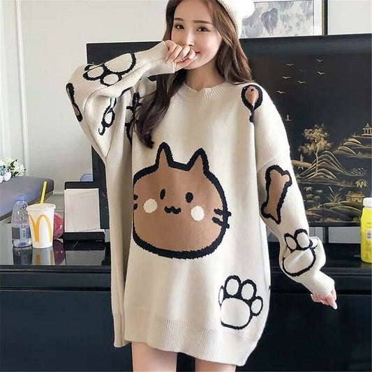 Harajuku Cartoon Cat Print Sweater