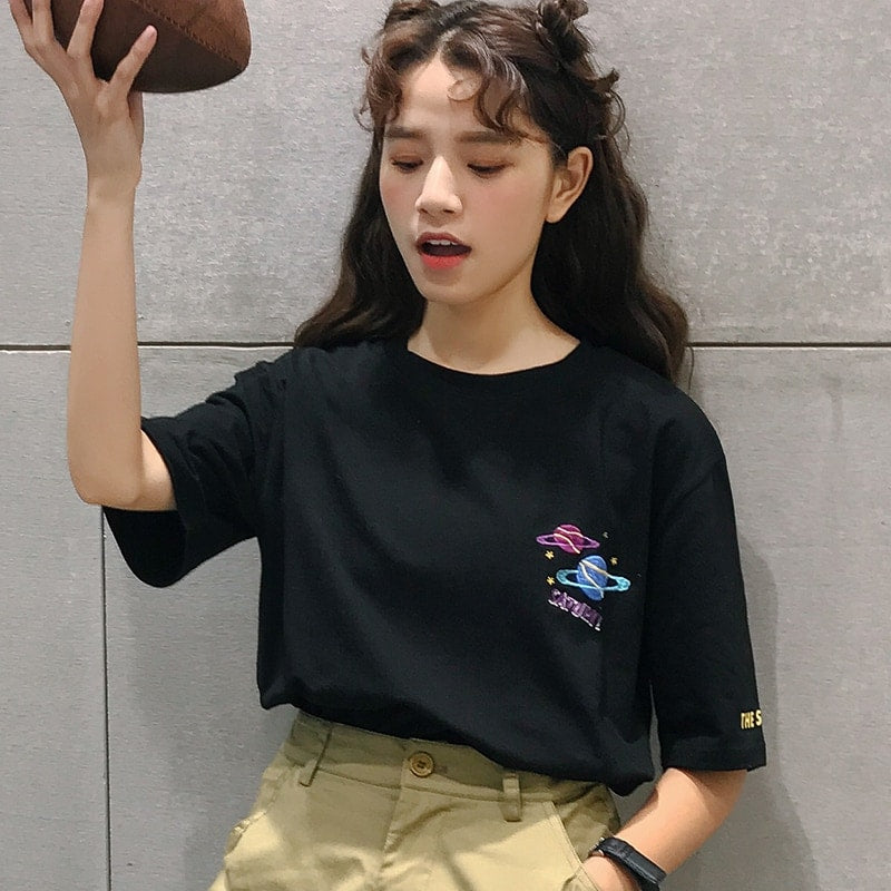 Halajuku Loose Planet Printed T-shirts
