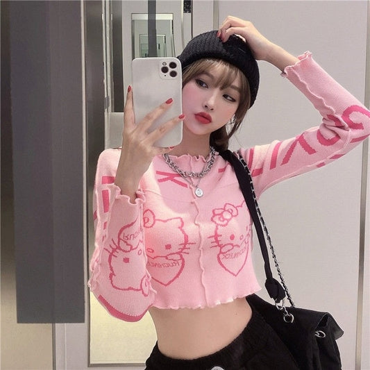 Kawaii Pink Cartoon Tight Sweater