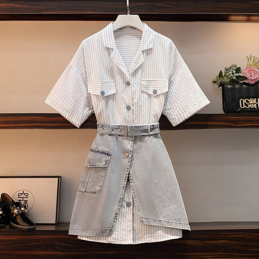 Stripe Long T-Shirt Belted Denim Skirt Set