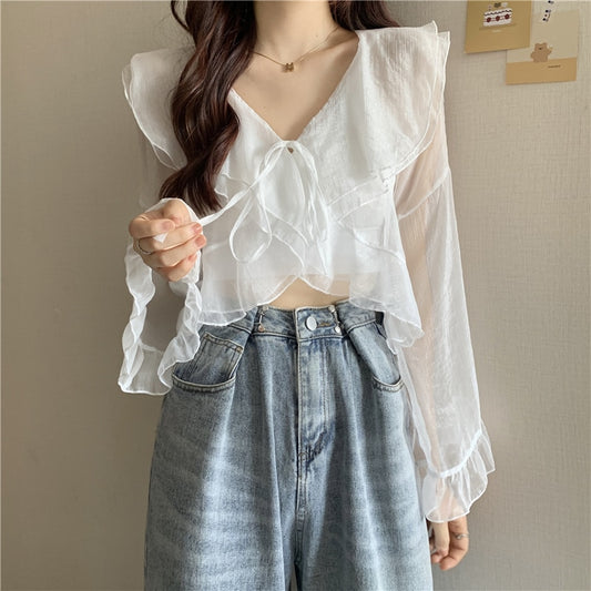 Kawaii Plunging Sheer Falbala Crop Top