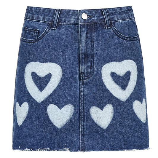 Heart Prints Tattered High Waist Denim Skirt