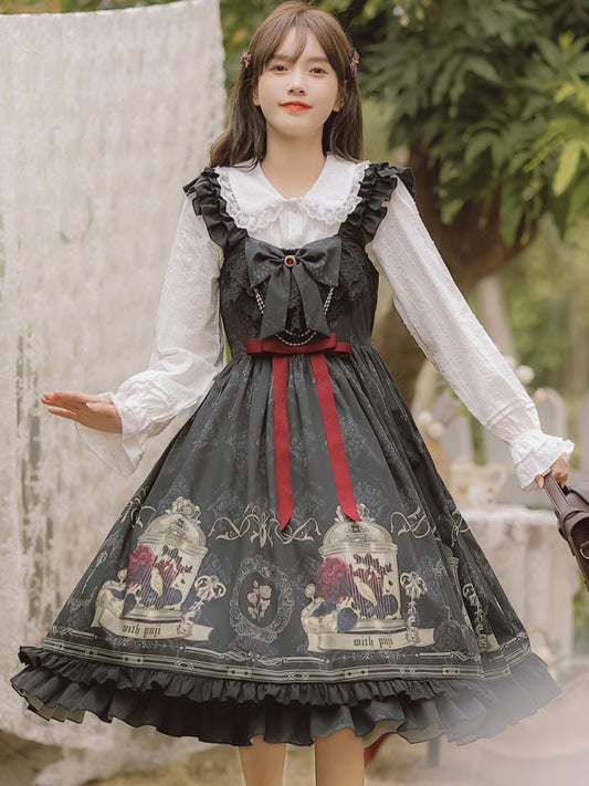 Gothic Ruffles Bows Floral Print Black Lolita Dresses