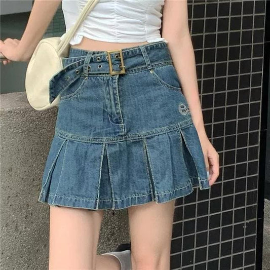 Korean Retro Belt Pleated Denim Skirt