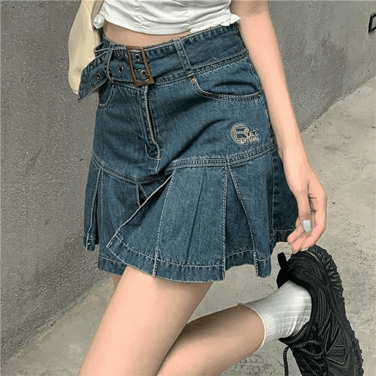 Korean Retro Belt Pleated Denim Skirt