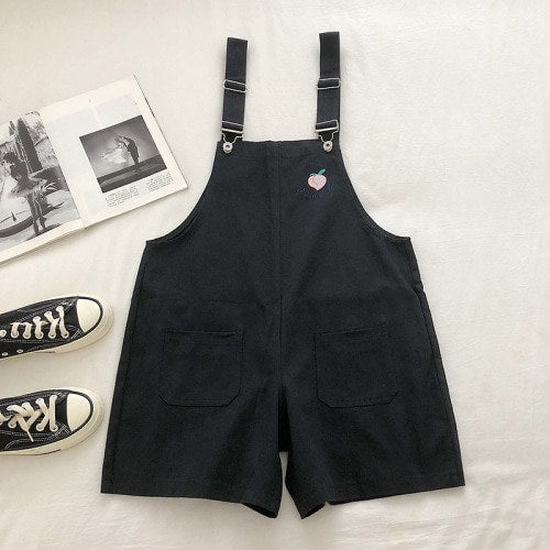Kawaii Peach Embroidery Overall Shorts