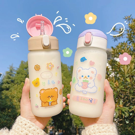 Kawaii Bear Frosted Glass Water Bottle 480ml