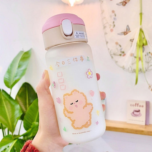 Kawaii Bear Frosted Glass Water Bottle 480ml