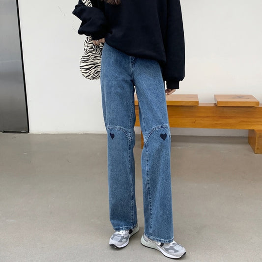 Kawaii Heart Splice Straight Denim Pants