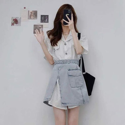 Stripe Long T-Shirt Belted Denim Skirt Set