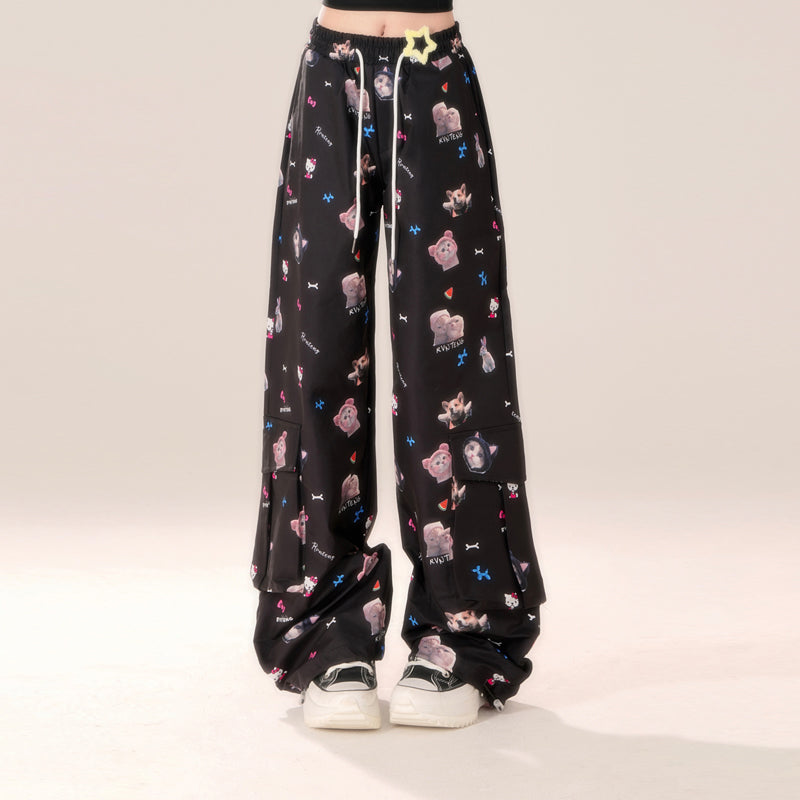 American Style Cartoon Kitten Print Black Straight Overalls