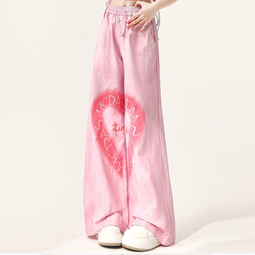 American Y2K Style Pink Love Heart Embroidered Straight Pants