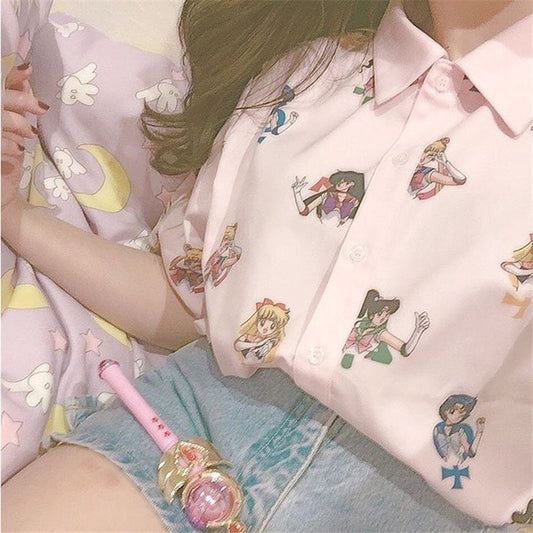 Kawaii Sailor Moon Print Button-Up T-Shirt