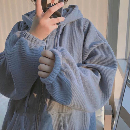 Cute Korean Blue Loose Hoodie