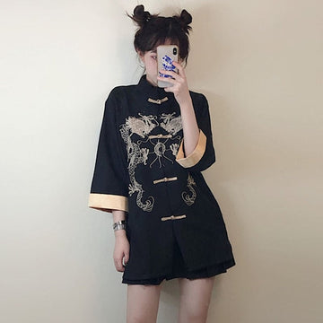 Dragon Embroidered Stand Collar Cheongsam Shirt