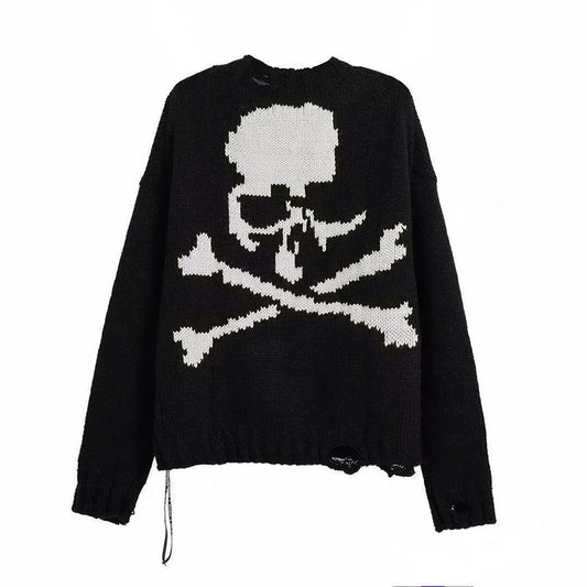 Black Skull Print Hollow Out Knit Sweater