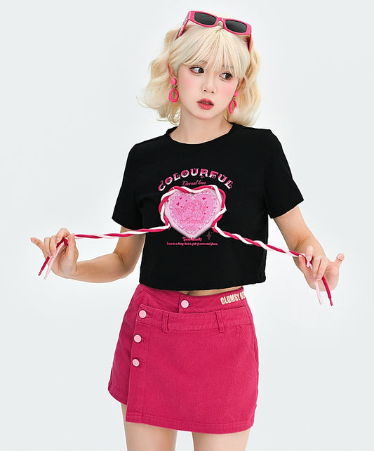 Black Sweet And Spicy Pink Heart Print T-Shirt