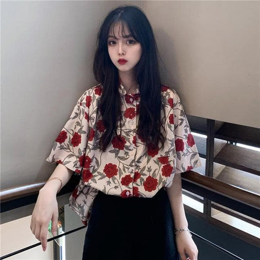 Shortsleeved Blouse With Floral Pattern