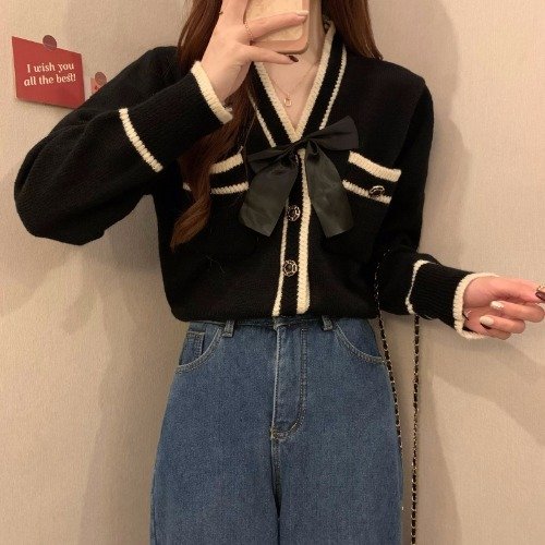 Korean Style Double Color Bowknot Cardigan