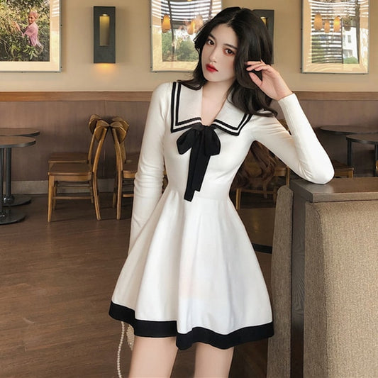 Bow Tie Lapel High Waist Knitted Dress