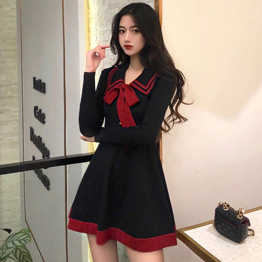 Bow Tie Lapel High Waist Knitted Dress