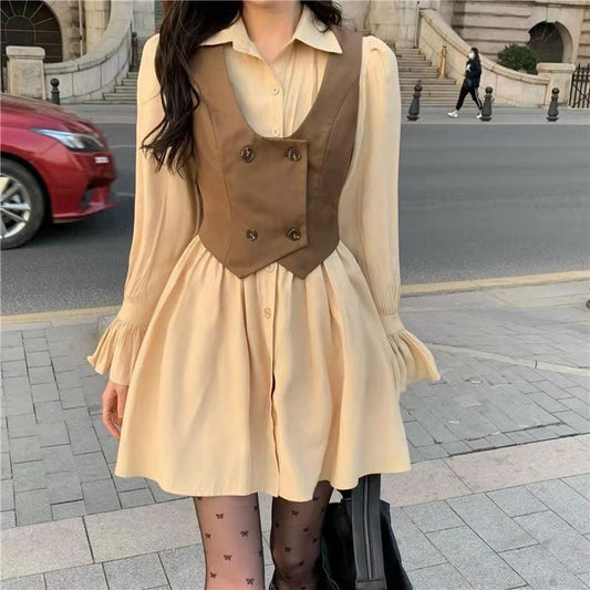 Double Button Vest Ruffled Dress Set