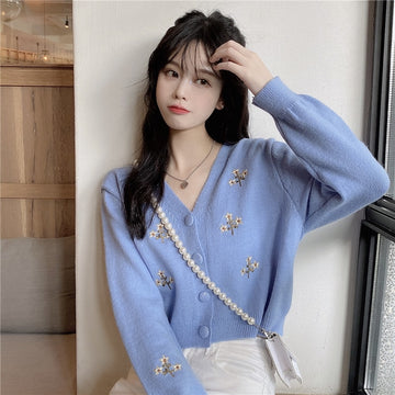 Kawaii Plunging Floral Embroidered Short Cardigan