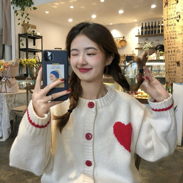 Kawaii Round Collar Heart Knitted Cardigan