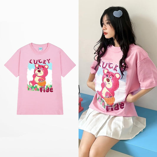 SoftGril Style Pink Cartoon Bear Oversized T-Shirt