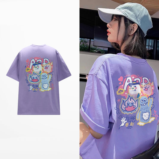 Cartoon Graphic Print Loose Purple T-shirt