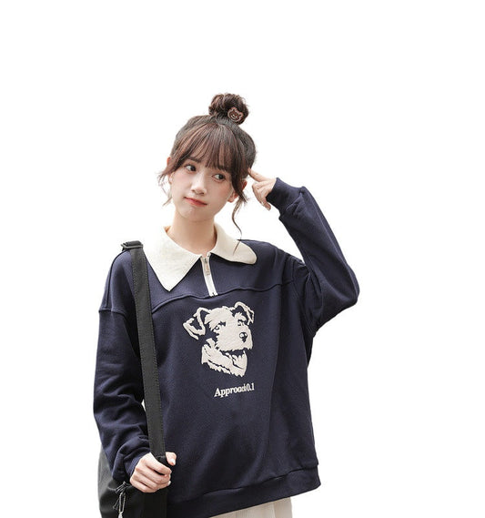 College Style Printed Polo Collar Hoodie