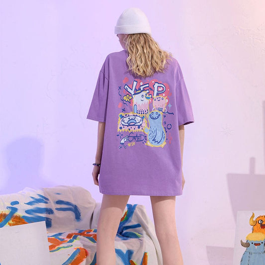 Cartoon Print Cotton Loose T-shirt