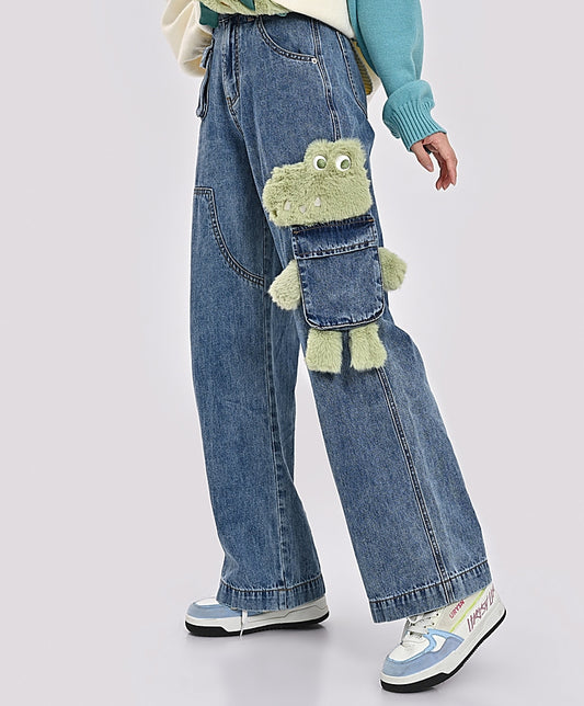 Cute 3D Cartoon Crocodile Embroidery Straight-leg Jeans