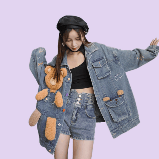 Cute 3D Three-Dimensional Design Bear Denim Jacket