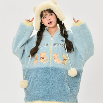 Cute Blue Soft Girl Style Bear Embroidery Hoodie