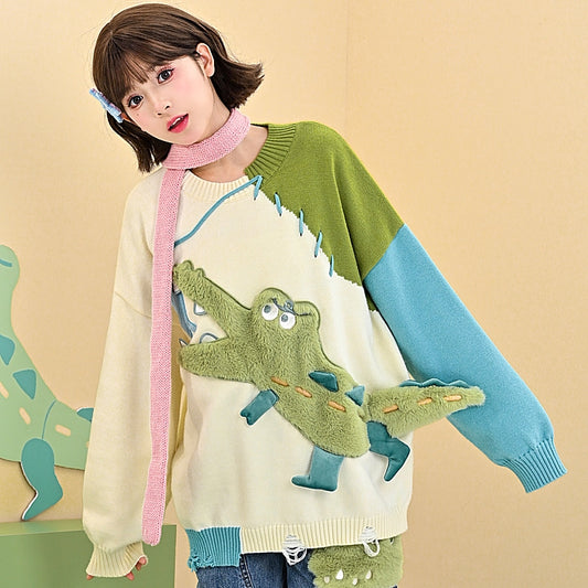 Cute Cartoon Crocodile Embroidery Loose Sweater