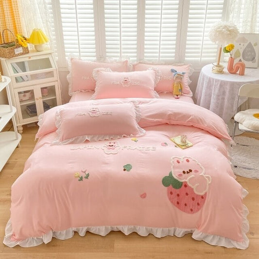 Cute Cartoon Strawberry Rabbit Embroidery Duvet Cover Set