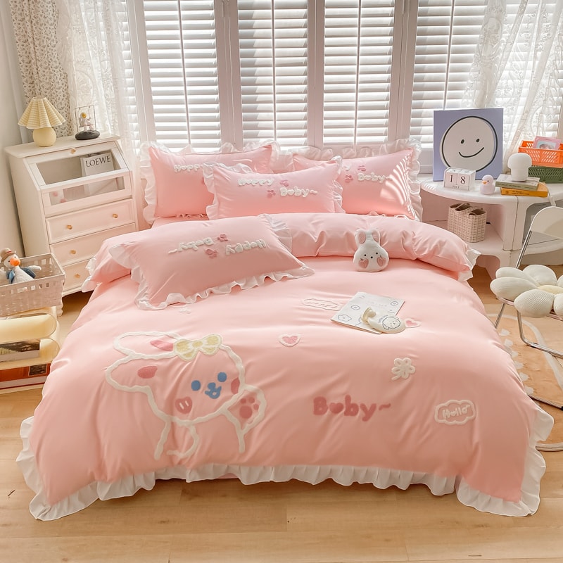 Cute Cartoon Strawberry Rabbit Embroidery Duvet Cover Set